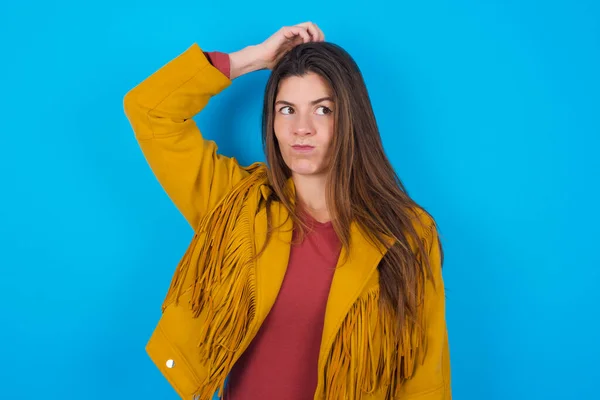 Young Beautiful Woman Wearing Jacket Blue Studio Background Saying Oops — Stock Photo, Image