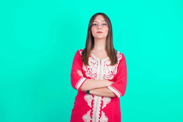 Serious Pensive Young Beautiful Caucasian Woman Feeling Cool Confident Arms — Stock Photo, Image