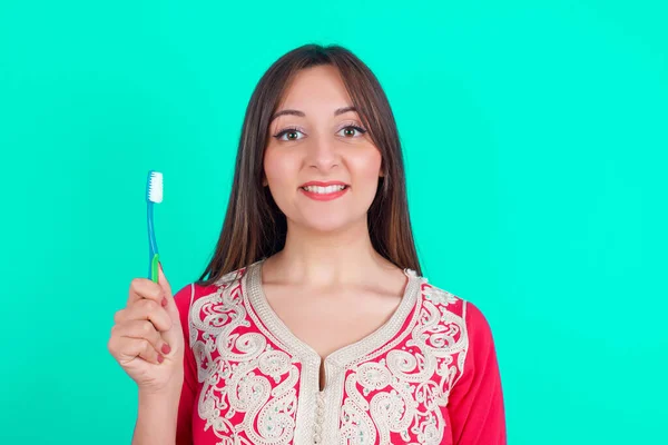 Young Beautiful Caucasian Woman Holding Toothbrush Smiling Dental Healthcare Concept — Stock Photo, Image
