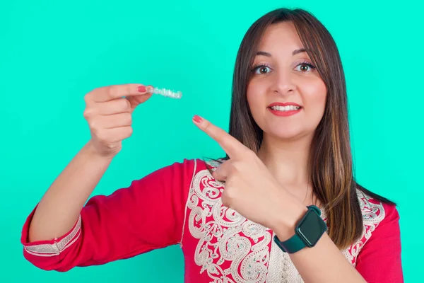 Young Beautiful Caucasian Woman Holding Invisible Aligner Pointing Dental Healthcare — Stock Photo, Image