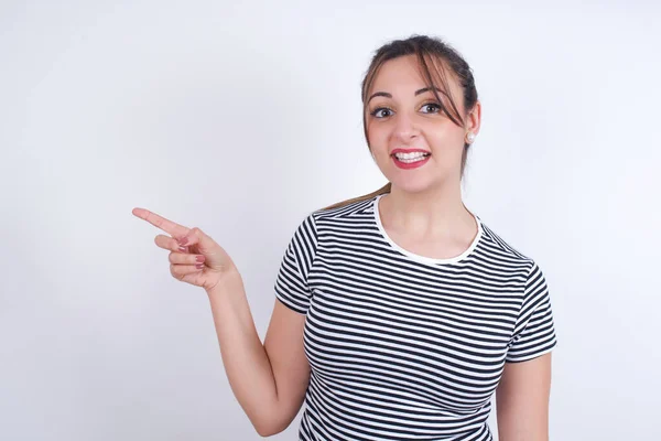 Young Beautiful Caucasian Woman Wearing Shirt Pointing Studio — Stock Photo, Image