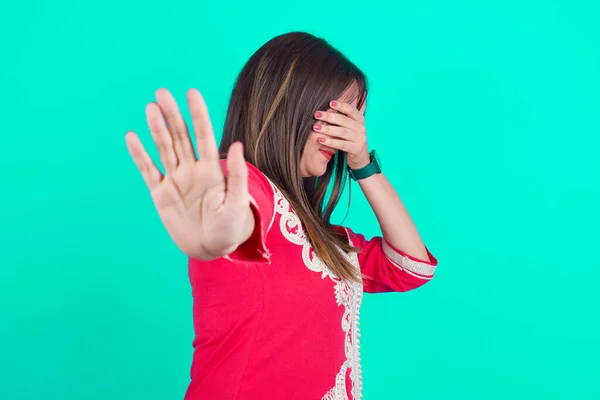 Young Beautiful Caucasian Woman Covering Eyes Palm Doing Stop Gesture — Stock Photo, Image