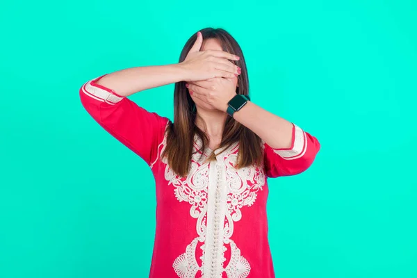 Young Beautiful Caucasian Woman Covering Eyes Mouth Hands Surprised Shocked — Stock Photo, Image