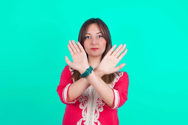 Young Beautiful Caucasian Woman Has Rejection Expression Crossing Arms Palms — Stock Photo, Image