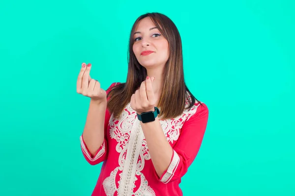 Junge Schöne Kaukasische Frau Macht Geld Geste Mit Den Händen — Stockfoto
