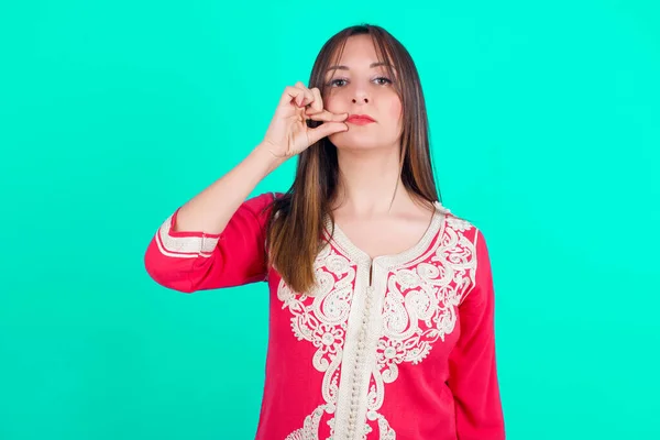 Young Beautiful Caucasian Woman Shutting Mouth Lips Zip Fingers Secret — Stock Photo, Image