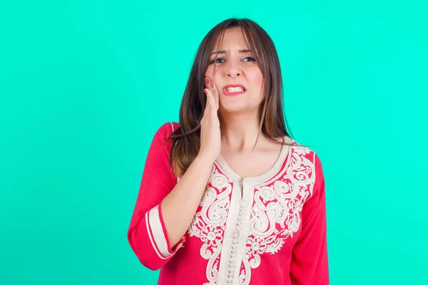 Young Beautiful Caucasian Woman Touching Mouth Hand Painful Expression Because — Stock Photo, Image