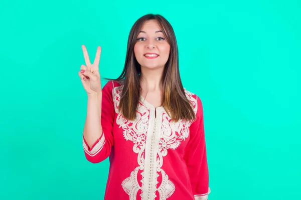 Junge Schöne Kaukasische Frau Zeigt Und Zeigt Mit Fingern Nummer — Stockfoto