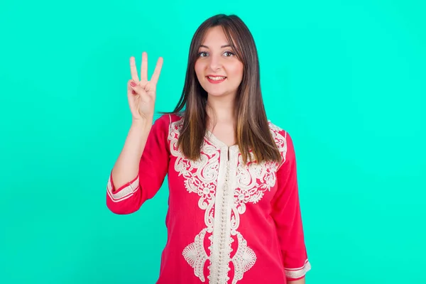 Young Beautiful Caucasian Woman Showing Pointing Fingers Number Three While — Stock Photo, Image
