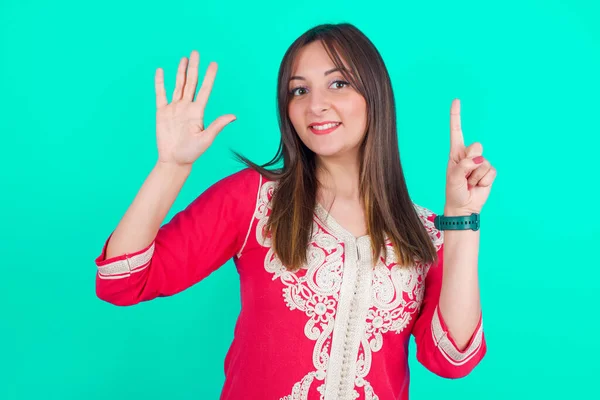 Young Beautiful Caucasian Woman Showing Pointing Fingers Number Six While — Stock Photo, Image