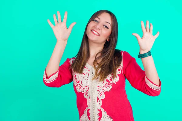Young Beautiful Caucasian Woman Showing Pointing Fingers Number Ten While — Stock Photo, Image