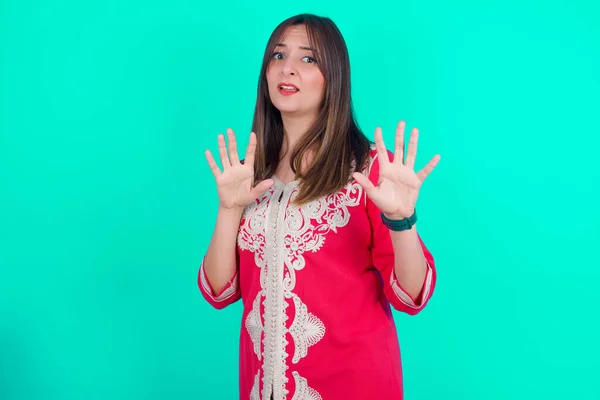 Young Beautiful Caucasian Woman Afraid Terrified Fear Expression Stop Gesture — Stock Photo, Image