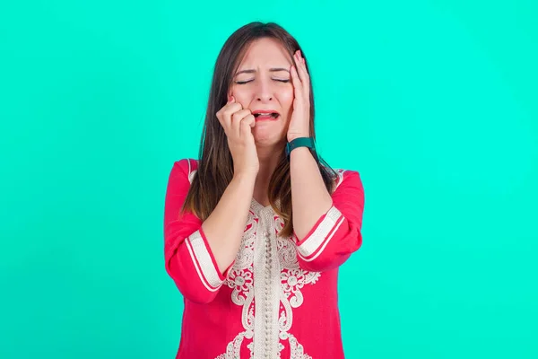 Doleful Desperate Crying Young Beautiful Caucasian Woman Looks Stressfully Frowns — Stock Photo, Image