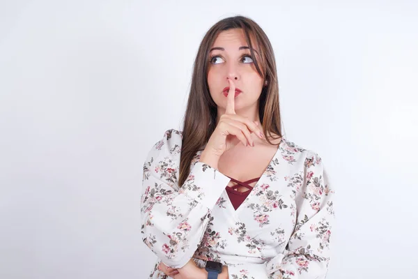 Woman Wearing Floral Dress White Background Silence Gesture Keeps Index — Stock Photo, Image