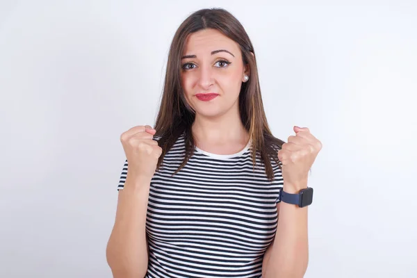 Irritated Young Arab Woman Wearing Striped Shirt White Background Blows — Stock Photo, Image