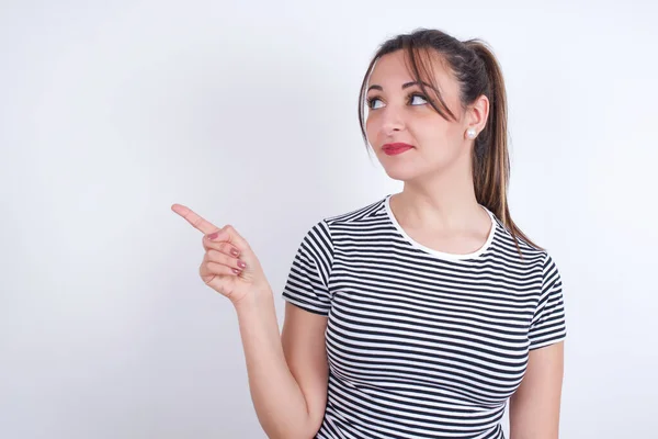 Young Arab Woman Wearing Striped Shirt White Background Points Copy — Stock Photo, Image