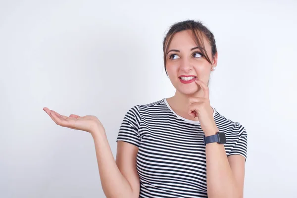 Positive Young Beautiful Caucasian Woman Advert Promo Touch Finger Teeth — Stock Photo, Image