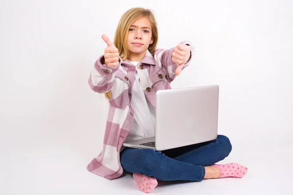 Beautiful Caucasian Teen Girl Sitting Laptop Lotus Position White Background — Stock Photo, Image