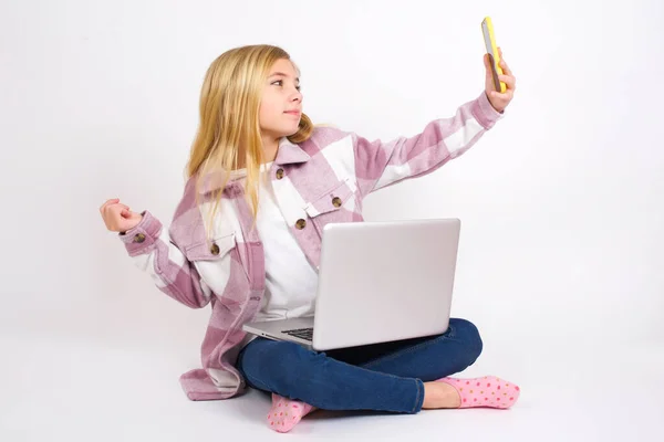 Portrait Beautiful Caucasian Teen Girl Sitting Laptop Lotus Position White — Stock Photo, Image