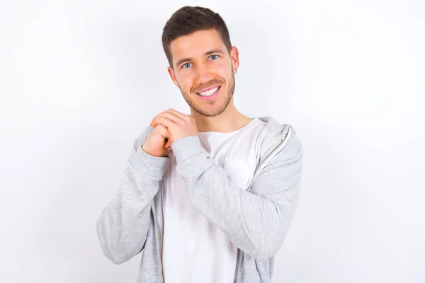 Dreamy Young Caucasian Man Wearing Casual Clothes White Background Pleasant — Stock Photo, Image