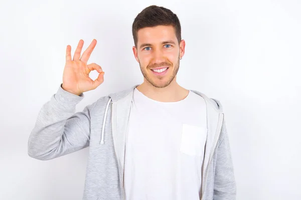 Glad Attractive Young Caucasian Man Wearing Casual Clothes White Background — Stock Photo, Image