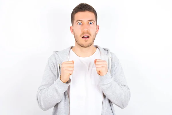 Portrait Desperate Shocked Young Caucasian Man Wearing Casual Clothes White — Stock Photo, Image