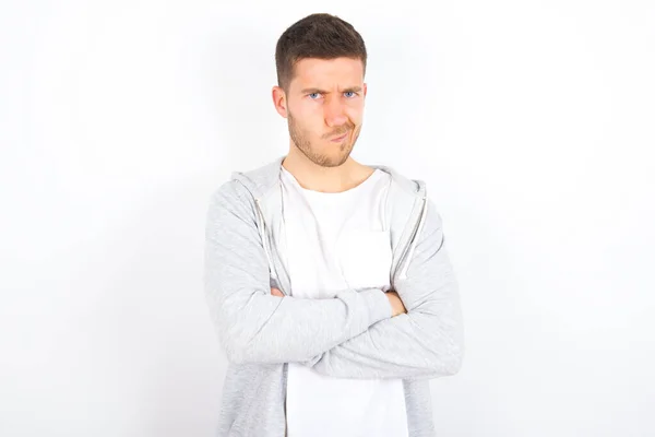 Picture Angry Young Caucasian Man Wearing Casual Clothes White Background — Stock Photo, Image