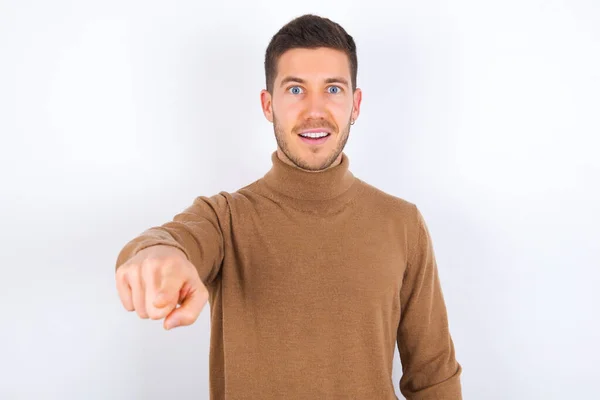 Excited Positive Young Caucasian Man Points Index Finger Directly You — Stock Photo, Image