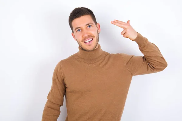 Young Caucasian Man Foolishes Shoots Temple Fingers Makes Suicide Gesture — Stock Photo, Image
