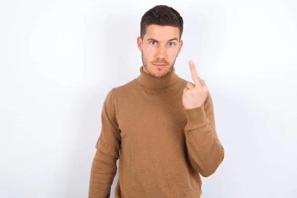 Young Caucasian Man Shows Middle Finger Bad Sign Asks Bother — Stock Photo, Image