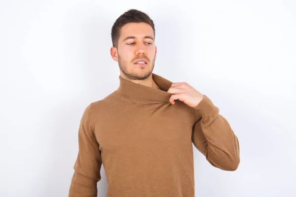 Young Caucasian Man Stressed Anxious Tired Frustrated Pulling Shirt Neck — Stock Photo, Image