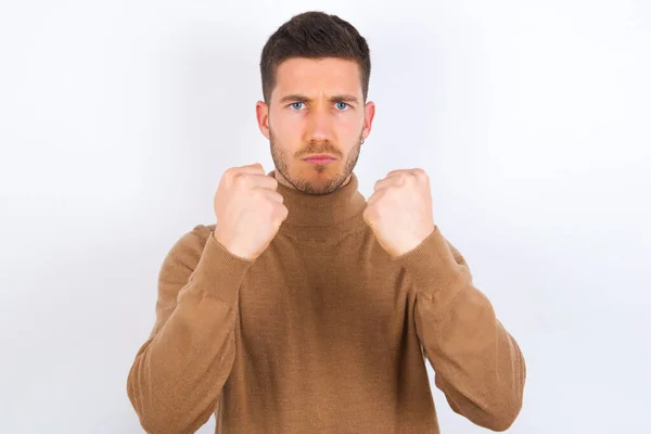 Displeased Annoyed Man Clenches Fists Gestures Pissed Ready Revenge Looks — Stock Photo, Image