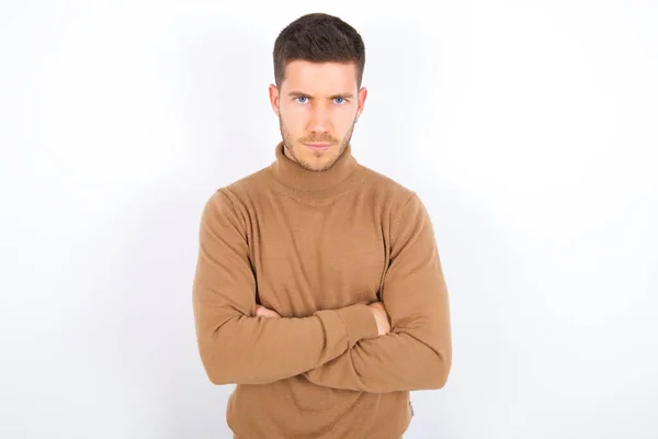 Photo Cheerful Confident Young Caucasian Man Wearing Turtleneck White Background — Stock Photo, Image