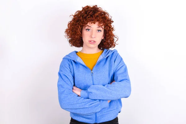 Picture Angry Young Redhead Girl Wearing Blue Jacket White Background — Stock Photo, Image