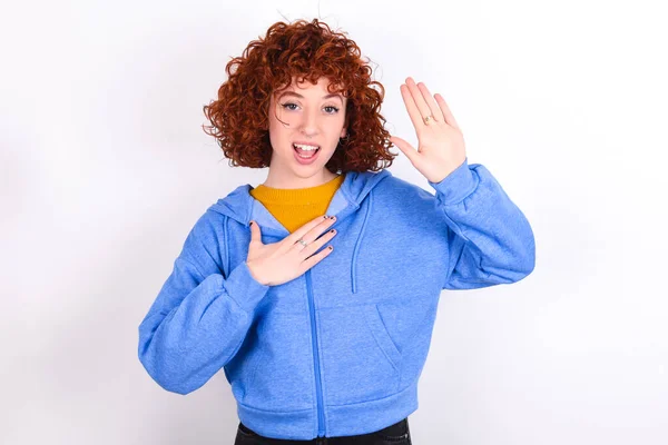 Swear Promise You Regret Portrait Sincere Young Redhead Girl Wearing — Stock Photo, Image