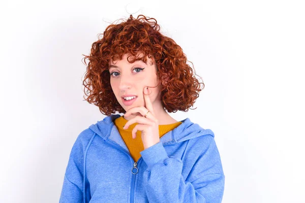 Carefree Successful Young Redhead Girl Wearing Blue Jacket White Background — Stock Photo, Image
