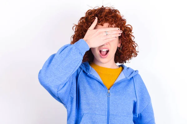 Happy Young Redhead Girl Wearing Blue Jacket White Background Closing — Stock Photo, Image