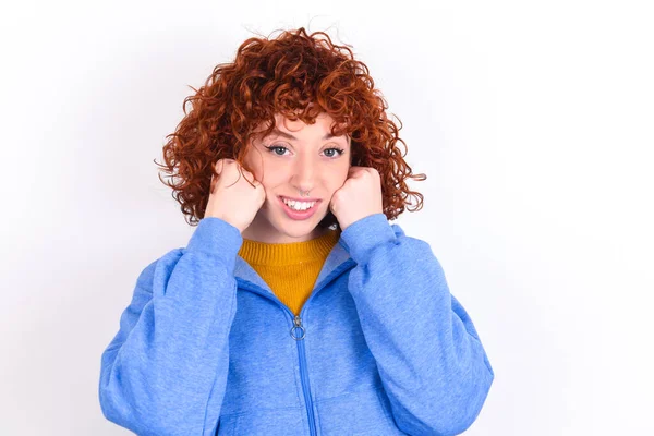 Happy Young Redhead Girl Wearing Blue Jacket White Background Keeps — Stock Photo, Image
