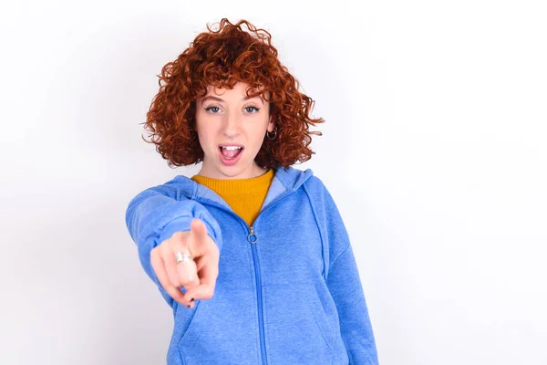 Excited Positive Young Redhead Girl Wearing Blue Jacket White Background — Stock Photo, Image