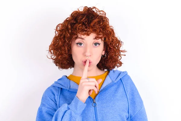 Surprised Young Redhead Girl Wearing Blue Jacket White Background Makes — Stock Photo, Image