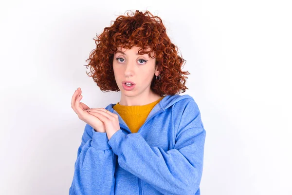 Surprised Emotional Young Redhead Girl Wearing Blue Jacket White Background — Stock Photo, Image