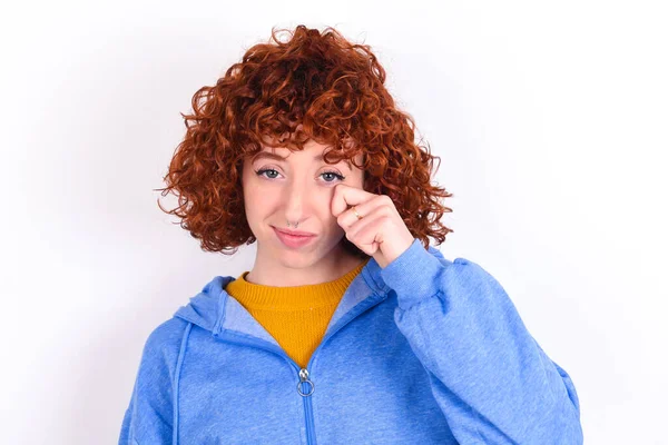 Disappointed Dejected Young Redhead Girl Wearing Blue Jacket White Background — Stock Photo, Image