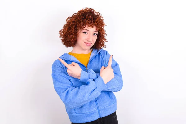 Young Redhead Girl Wearing Blue Jacket White Background Crosses Arms — Stock Photo, Image