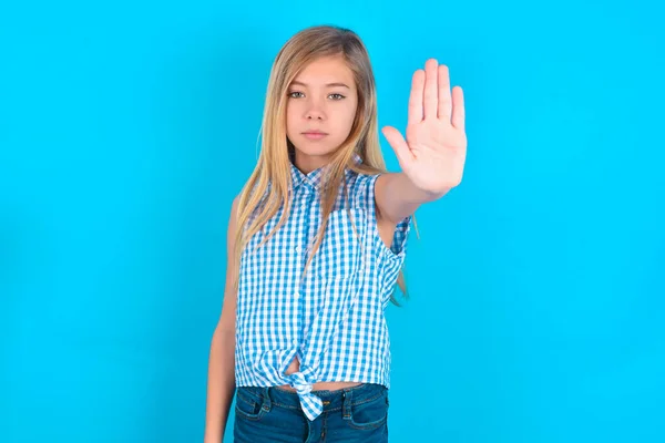 Little Caucasian Kid Girl Doing Stop Gesture Palm Hand Warning — Stock Photo, Image