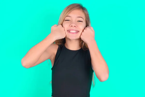 Happy Blonde Little Kid Girl Wearing Black Sport Clothes Green — Stock Photo, Image