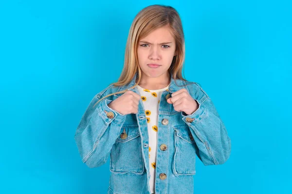 Displeased Annoyed Blonde Caucasian Little Girl Wearing Denim Jacket Clenches — Fotografia de Stock