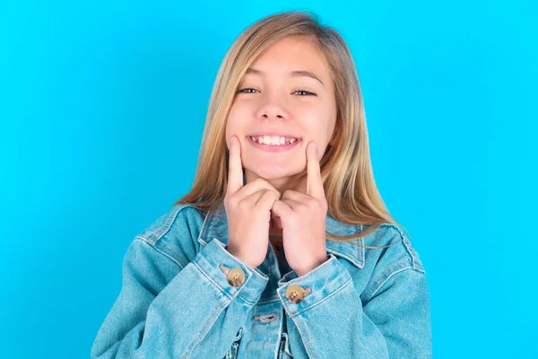 Happy Blonde Caucasian Little Girl Wearing Denim Jacket Toothy Smile — Stock Photo, Image