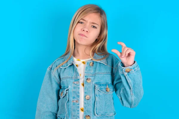 Displeased Blonde Caucasian Little Girl Wearing Denim Jacket Shapes Little — Stock Photo, Image