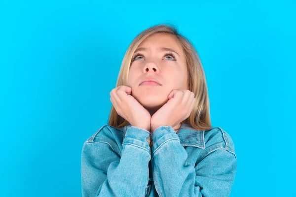 Portrait Sad Blonde Little Kid Girl Wearing Denim Jacket Blue — Stock Photo, Image