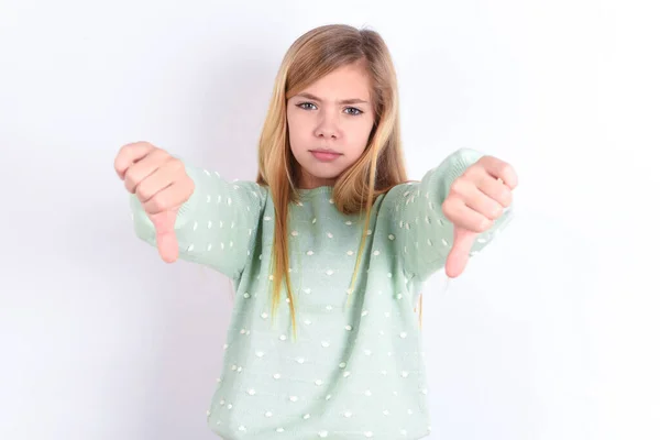 Little Caucasian Kid Girl Being Upset Showing Thumbs Two Hands — Stock Photo, Image
